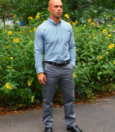 Grey pants and gingham shirt