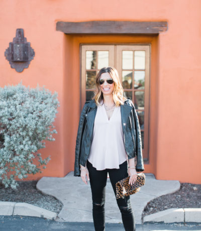 Blush Shirt, Black Distressed Jeans, Clare V leopard clutch