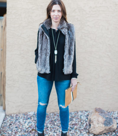 Black Shirt and Ankle Boots, Distressed Jeans, Fur Vest, Clare V Clutch